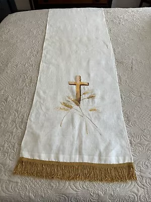 Antique Hand Embroidered Linen Runner Altar Cloth Gold Cross + Wheat 64  X 20  • $93.74