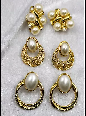 Vtg Jewelry Lot Faux Pearl Earrings Textured Gold Tone Runway 80s 90s Lot Of 3 • $24