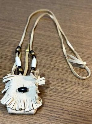 Small Leather Medicine Bag Handmade Beading Tassels Button Closure Necklace EUC • $17.49