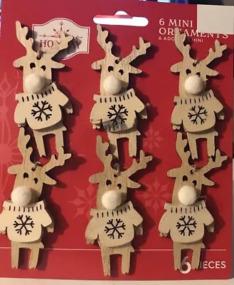 Holiday Time 6 Mini Wooden Reindeer Hanging Ornaments Or For Crafting • $5.40