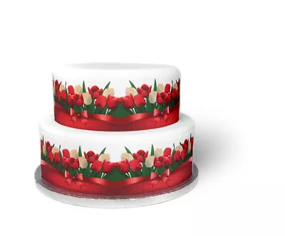 A4 Edible Decor Icing Sheet Red Tulip Bow Ribbon Border Edge - Larger Cakes • £3.49