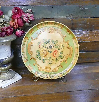 Pretty Vintage Round Floral Paper Mache Tray Light Green • $39.95