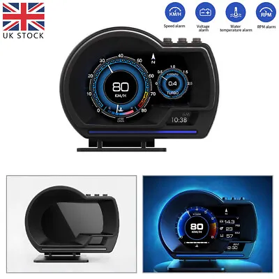HUD OBD2+GPS Gauge Head Up Car Digital Display Speedometer RPM Alarm Temp Black • £46.99