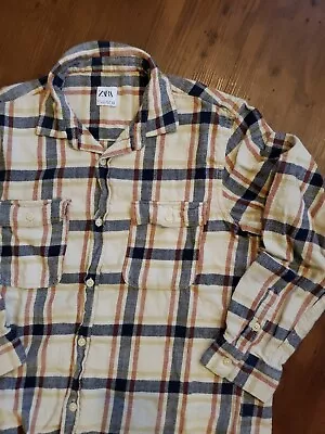 Zara Shirt Men Flannel L Plaid Button Down Cream Orange Blue • $15