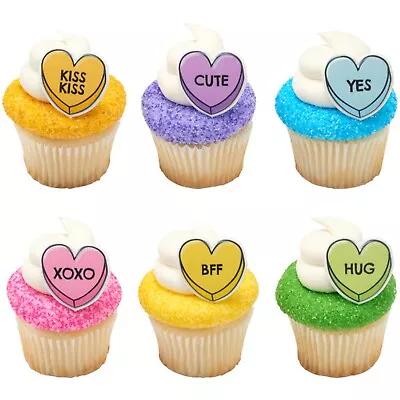 Valentines Cupcake Toppers Candy Hearts Cake Decorations Party Rings  12 Pack • $2.97