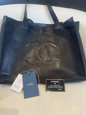 Authentic Vintage CHANEL Tote Bag Coco Mark Black Leather • $724.99