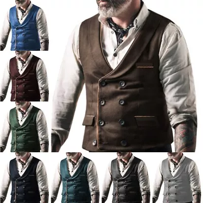 Mens Double Breasted Vest Faux Suede Hunting Retro Vintage Groom Vests L XL 2XL • $26.99