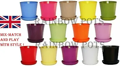  Flower Pots Gloss Plastic Plant Pots Decor Planter With Saucer 16 COLOURS • £2.09