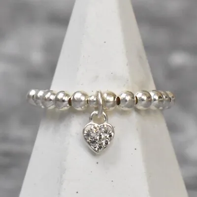 Heart Charm Ring Sterling Silver Stretch Bead Stacking Ring Clear Crystal • £15