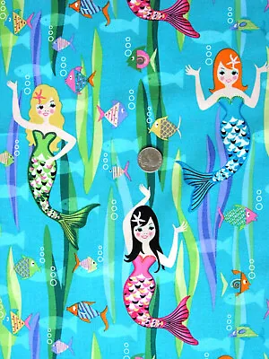 Mermaid Aqua Divas Ocean Undersea Michael Miller Cotton Sew Quilt Fabric 60  Oop • $25.99