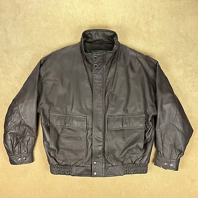 Members Only Leather Jacket Brown Bomber Full Zip Snap Pockets Lined Vintage 80s • $55.65