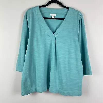 Pure J Jill French Terry Slub V Neck Top Size Large 3/4 Sleeves Cotton Blue • $16.95