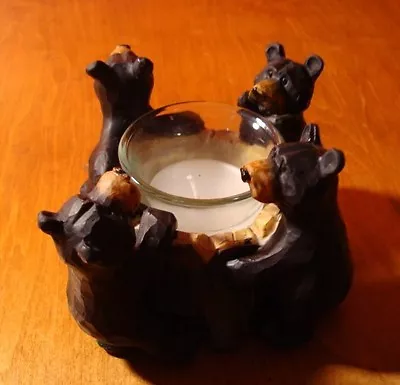 Rustic Lodge Faux Wood Carved BLACK BEAR TREE TRUNK CANDLE HOLDER Cabin Decor  • $14.95