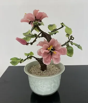 Vintage  Chinese Jade Glass Bonsai Tree Asian Pink Flowers Ceramic Celadon Pot • $25