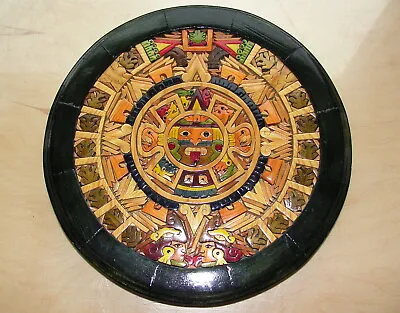 Artesanal  Mayan Aztec Calendar Plaque 10” Round Mexico Inlaid Mosaic Wood • $34.99