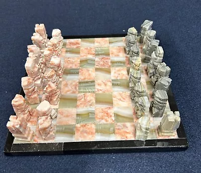 PINK AND GRAY MARBLE CHESS SET 7.5  X 7.5” With Carved Pieces. • $32.95