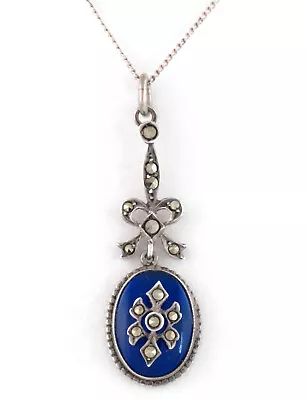 C.1840 - GEORGIAN VICTORIAN BRISTOL BLUE GLASS & MARCASITES .800 SILVER PENDANT • $249