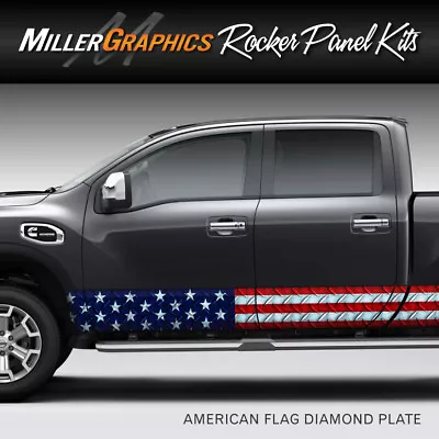 American Flag Diamond Plate Rocker Panel Graphic Decal Wrap Kit Truck SUV • $79.95