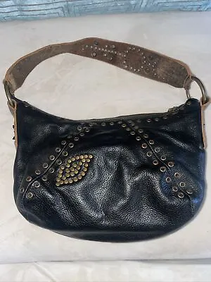 Betsy Johnson Vintage Black Leather Brass Studded Hobo Handbag • $39.99