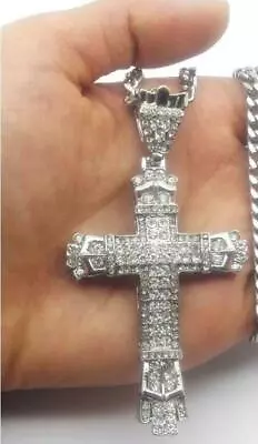 $21.97 • Buy Large CROSS CRUCIFIX  Crystal 925 Sterling Silver Plated 22  Necklace Hip Men