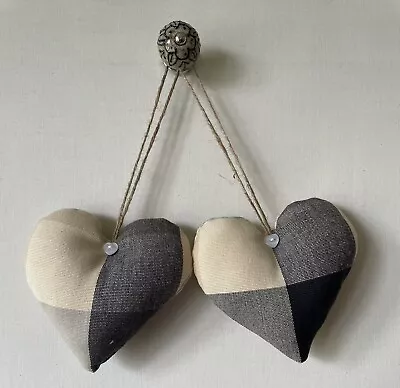 Pair Of Heart Hangers In Laura Ashley Mitford Check Fabric In Charcoal And Cream • £9.25