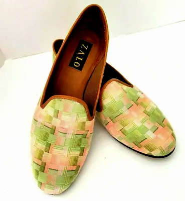 $59.99 • Buy ZALO Womens 7-1/2 M Loafers Flats Slip-on Shoes Peach Green Checks Handmade