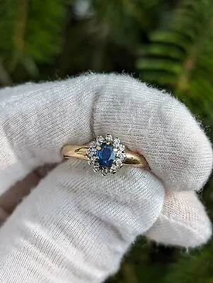 Vintage 9ct Gold Blue Sapphire Diamond Halo Ring Size P-Q UK 8US • £125