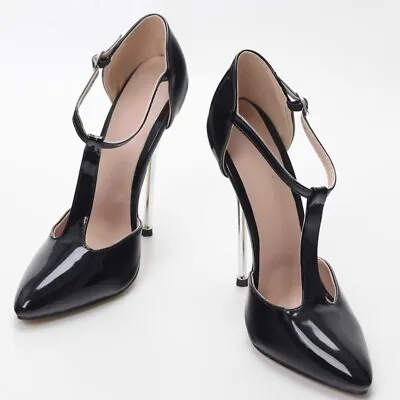 Sexy Pointy Toe Women Nightclub Shoes Ankle T-Strap Metal Heel Stilettos Pump • £104.39