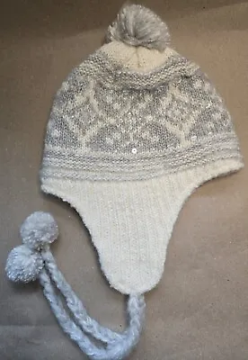 American Eagle Pom-Pom Hat With Ear Flaps Gray + Ivory + Sequins Lined Knit NWT • $11.99