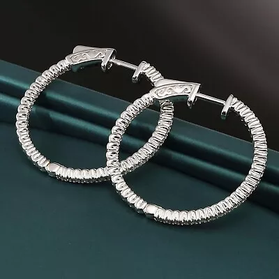 14K Solid White Gold .80CTW Natural Round Diamond Inside Out Hoop Earrings 30MM • $825