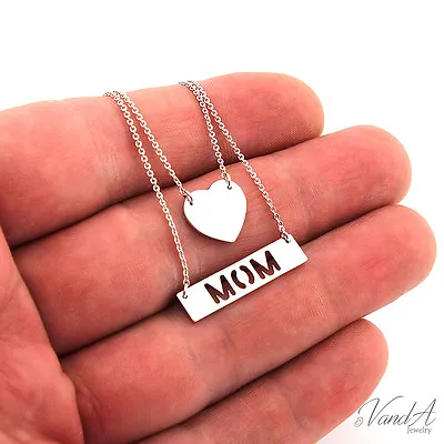 Sterling Silver 925 Heart & Mom Double Chain Necklace Mother's Day Jewelry N122 • $47.99