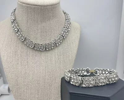 VTG 50s Lisner Signed Silver Tone 3-Row Rhinestone Chevron Necklace And Bracelet • $24.99