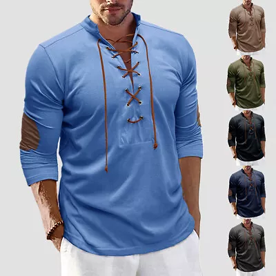 Mens V Neck Lace Up Long Sleeve Tops Solid Solid Shirts Casual T Shirts Blouse • $28.59