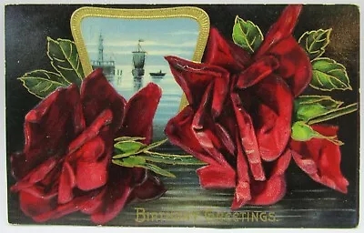 Postcard~Birthday Greetings~Sailing Ships~ Red Roses~Unposted C1910 • £4.51