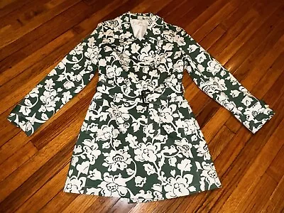 Merona Trench Coat Green/Beige Floral Lined W/Belt Cotton Women's Large • $40.50