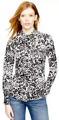 J. Crew Women's Snow Cat Black White Leopard Boy Fit Cotton Button Up Shirt Sz 2 • $14.99