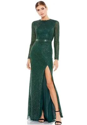 NWT Mac Duggal Women's Long Sleeve Crew Neck High Split Gown Dark Green Size 8 • $258