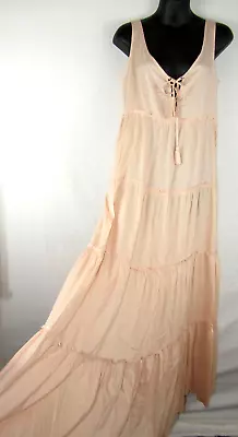 Pilyq Tiered Maxi Dress Swimwear Cover Up XS Small Pink Sleeveless Lace Up Front • $41.38