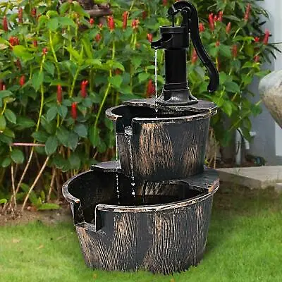 £29.99 • Buy 2 Tier Garden Barrel Pump Water Fountain Cascade Outdoor Patio Deck Pond Feature