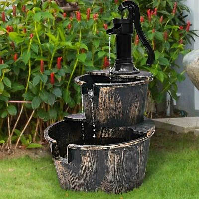 £29.99 • Buy 2 Tier Garden Barrel Pump Water Fountain Cascade Outdoor Patio Deck Pond Feature
