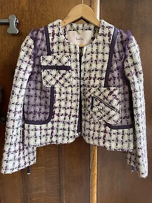 LUELLA BARTLEY Chanel Boucle Tweed White Purple Tulle Couture Jacket Size 10 Y2K • £150