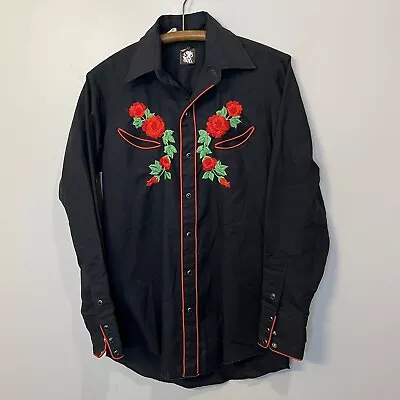 Vintage Karman Embroidered Black With Red Roses Pearl Snap Mens Western Shirt L • $44.95