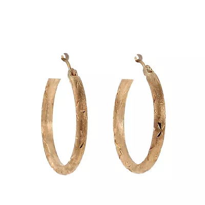 Round Hoop Earrings 14K Yellow Gold Etched Design 2.65mm Wide 1  Vintage Estate • $134.99