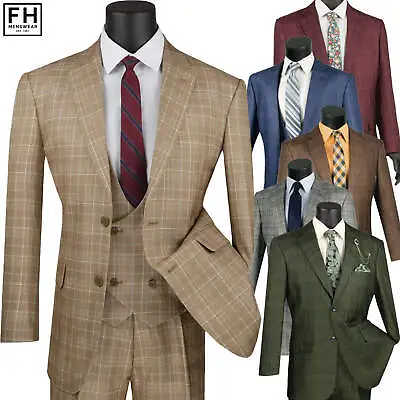 VINCI Men's Sharkskin Glen Plaid Suit 36S-56L 3-Pc 5 Colors Classic - NEW • $130