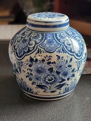 Delft Holland Pottery Ginger Jar Hand Painted Blue/White Flower Vase • $75