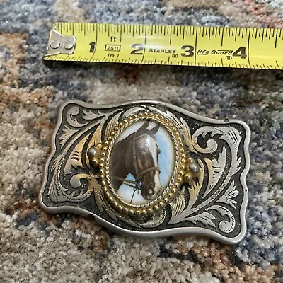 Vintage Equestrian Horse Head Metal Belt Buckle Silver Tone Old House Estate  • $26