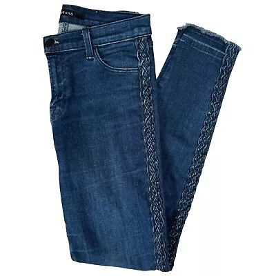 J Brand Super Skinny Mid Rise Jeans Size 27x29 Braided Seam Raw Hem Catonite EUC • $22.21