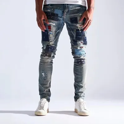 Embellish NYC Men's Rip & Repair Patchwork Distressed Skinny Fit Denim Jeans • $44.99