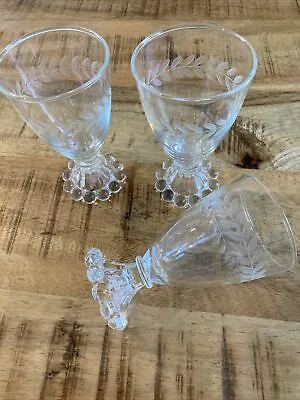 Vtg 3pc Hobnail Footed Clear Glass Sherry Glasses Etched Floral MCM EUC 4.5” • $16.99