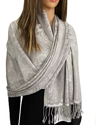 Silver Grey Pashmina Shawl Large Scarf Long Paisley Floral Wedding Wrap Evening • £10.40